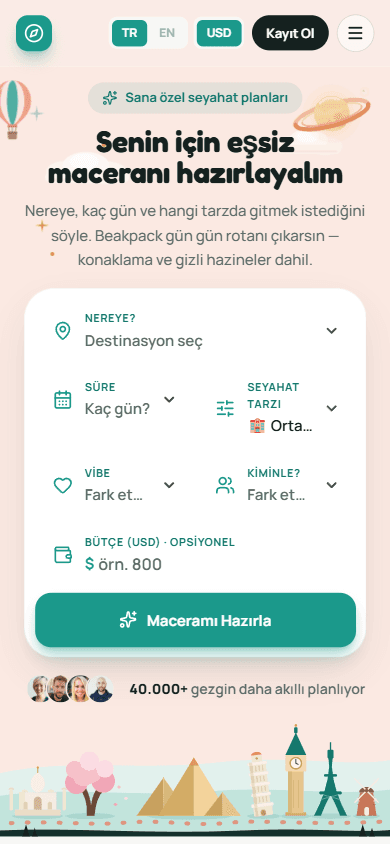 Beakpack seyahat planlama formunun mobil görünümü