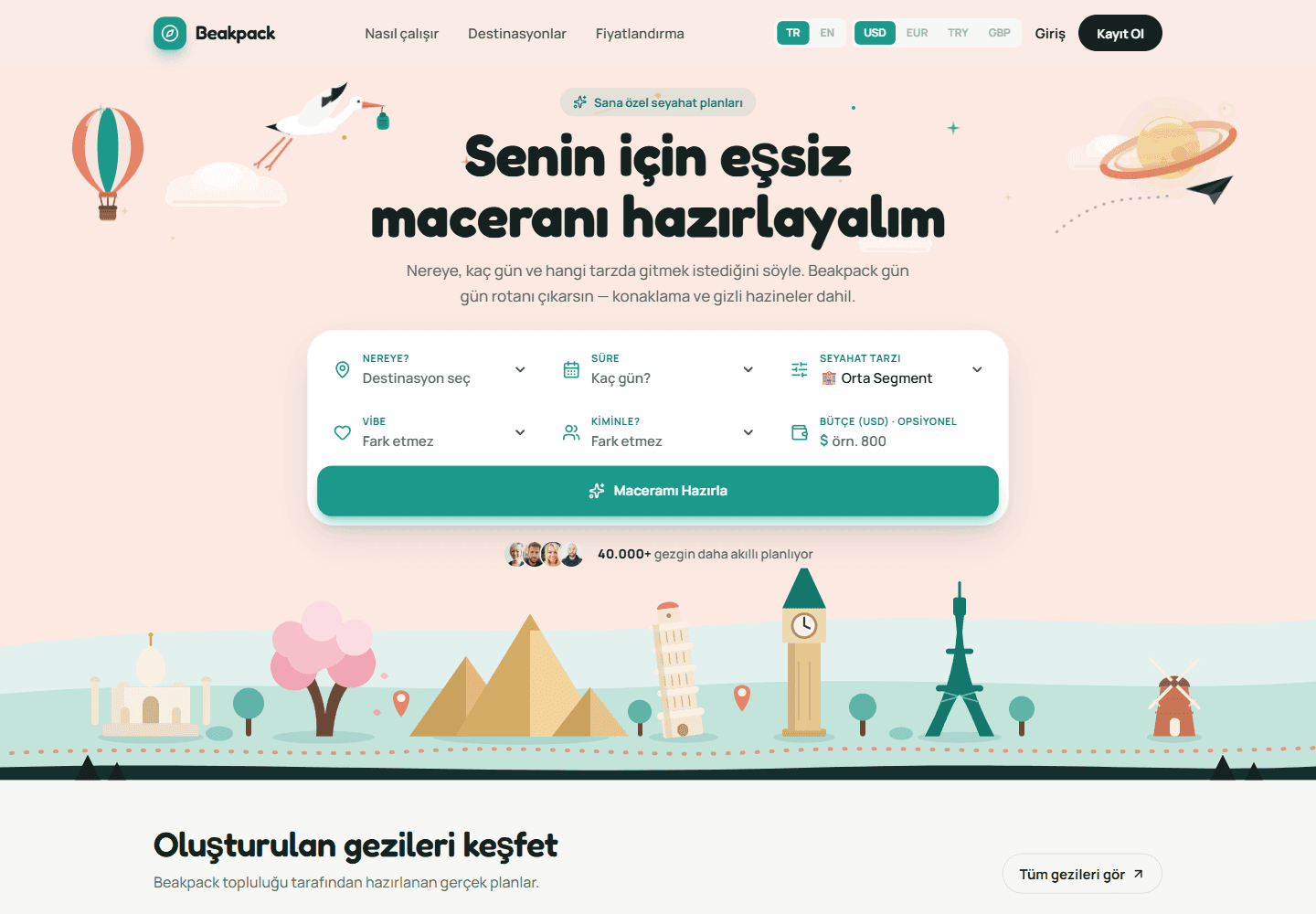 Beakpack ana sayfası ve kişiselleştirilmiş seyahat planlama formu